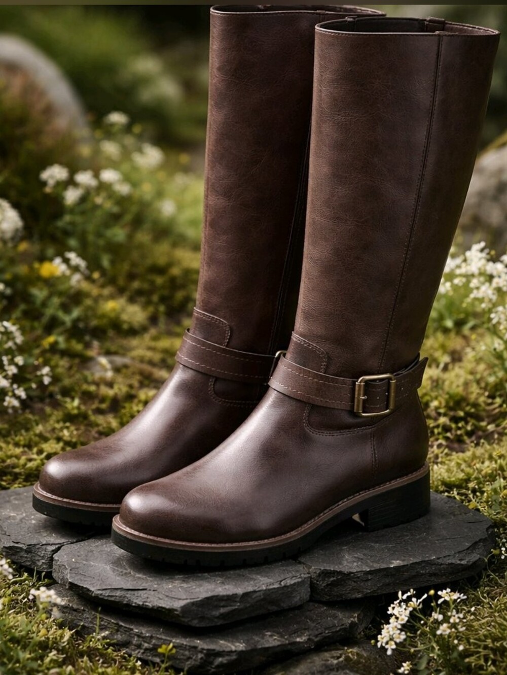 Sun + Stone NEW IN BOX Brown Tall Riding Buckle Boots Sz 6
